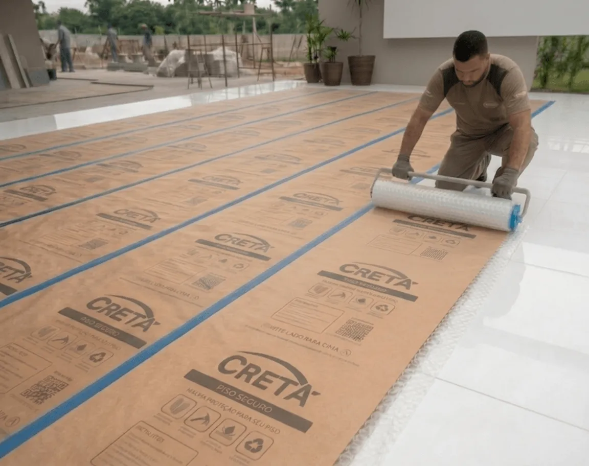 Proteção de piso com papel Kraft durante obra